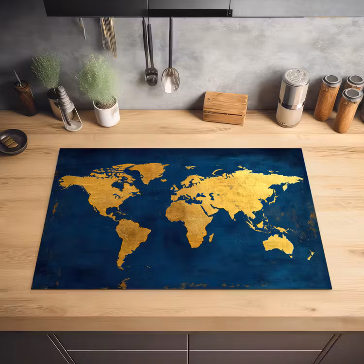 Wereldkaart - Goud - Donkerblauw Inductie beschermer vinyl 3mm klein -sfeer5