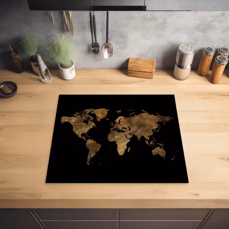 Wereldkaart - Goud - Luxe - Aarde - Zwart Inductie beschermer vinyl 3mm middel -sfeer5