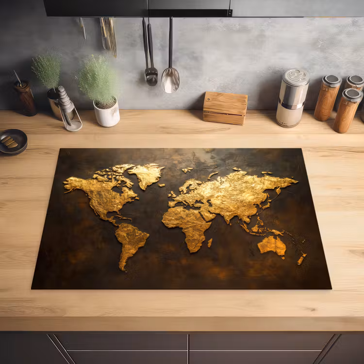 Wereldkaart - Goud - Roest Inductie beschermer vinyl 3mm klein -sfeer5