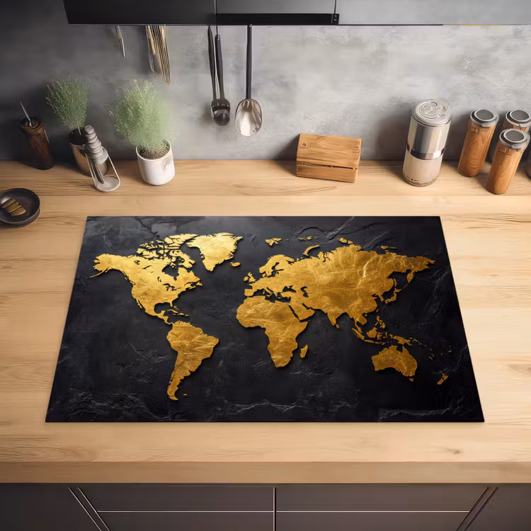 Wereldkaart - Goud - Steen Inductie beschermer vinyl 3mm klein -sfeer5
