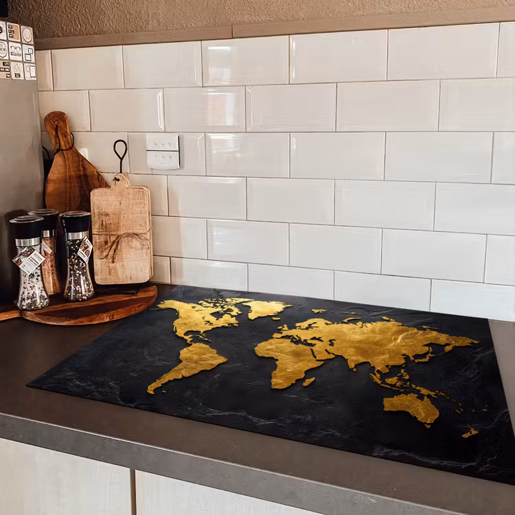 Wereldkaart - Goud - Steen Inductie beschermer vinyl 3mm klein -sfeer3