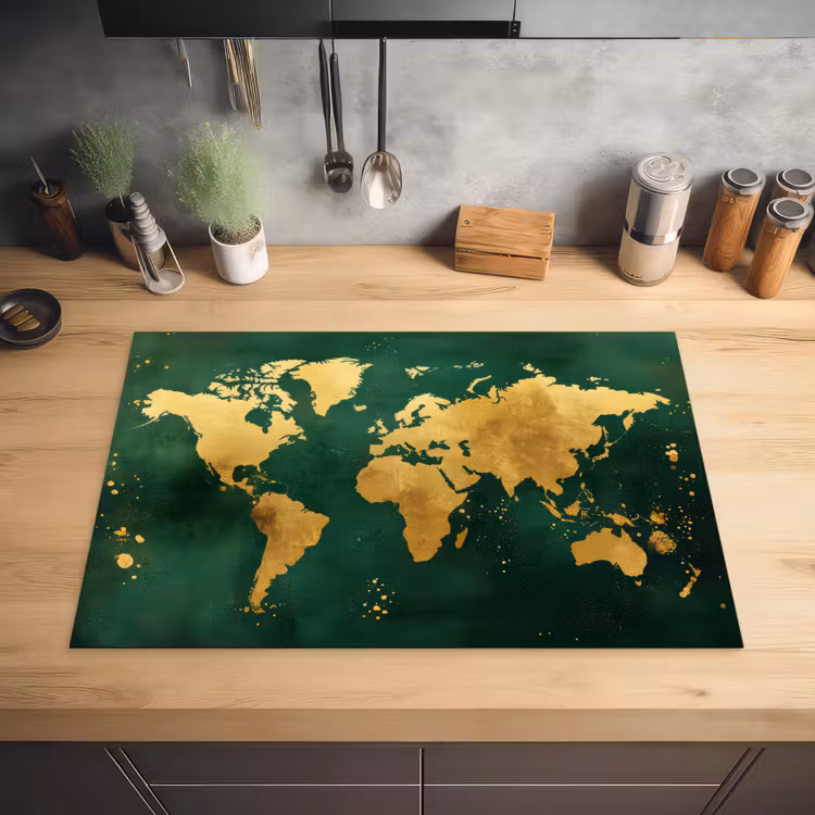 Wereldkaart - Groen - Goud Inductie beschermer vinyl 3mm klein -sfeer5