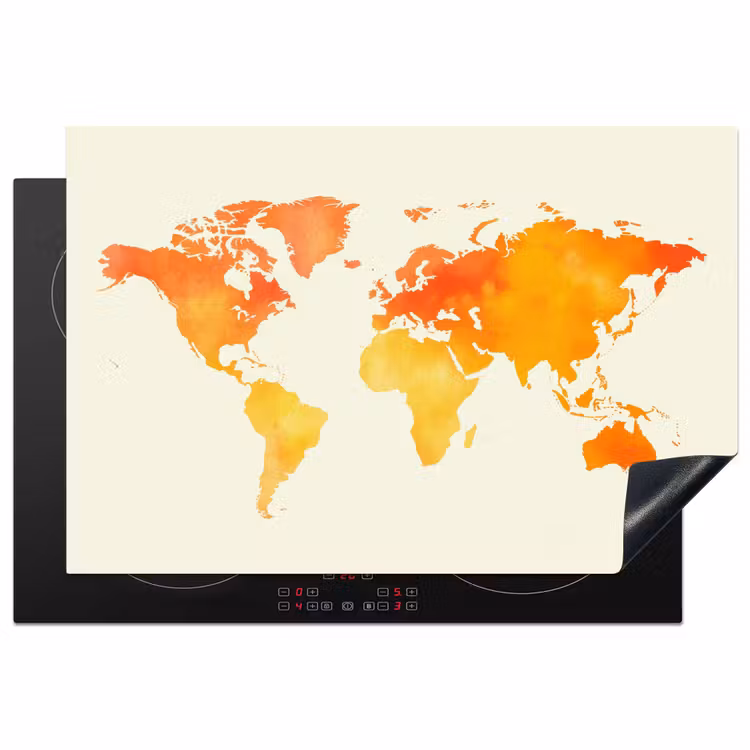 Wereldkaart - Oranje - Kleurrijk Inductie beschermer vinyl 3mm klein -3d