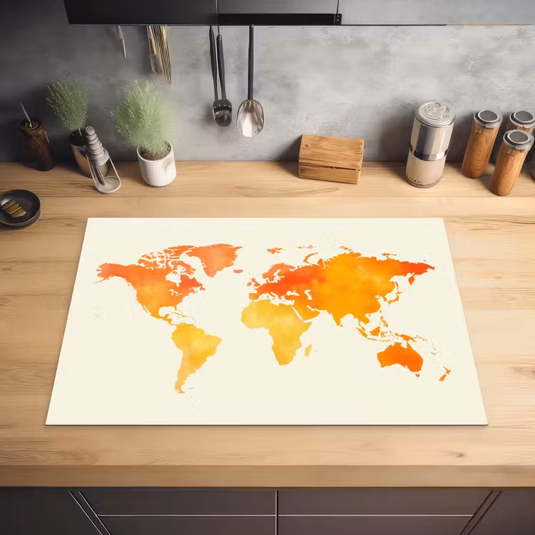 Wereldkaart - Oranje - Kleurrijk Inductie beschermer vinyl 3mm klein -sfeer5