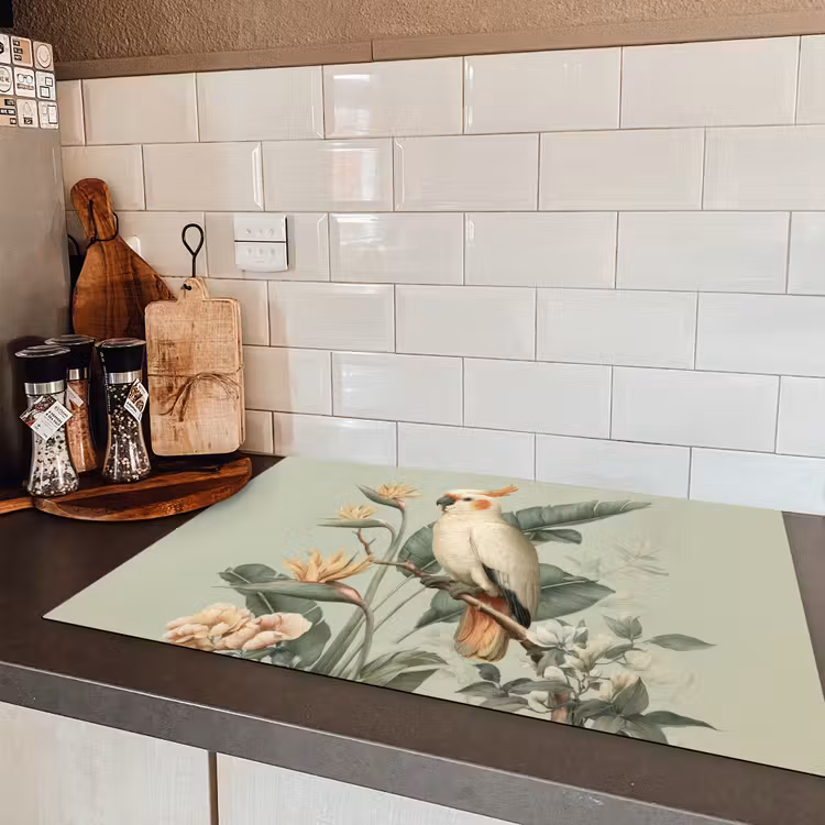 Gele kuifkaketoe - paradijsvogelbloemen - Groen Inductie beschermer vinyl 3mm klein -sfeer3