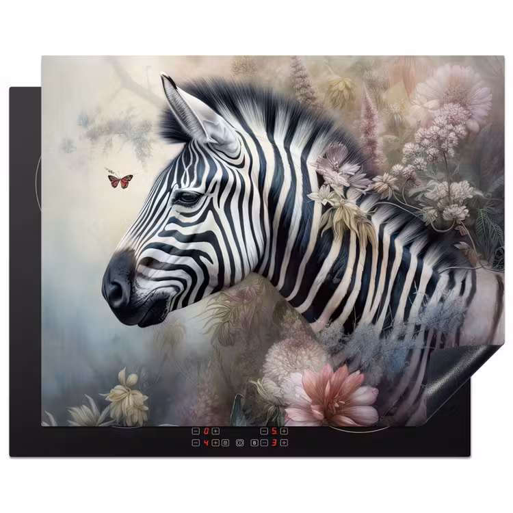 Zebra - Wilde dieren - Vlinder - Bloemen Inductie beschermer vinyl 3mm groot -3d