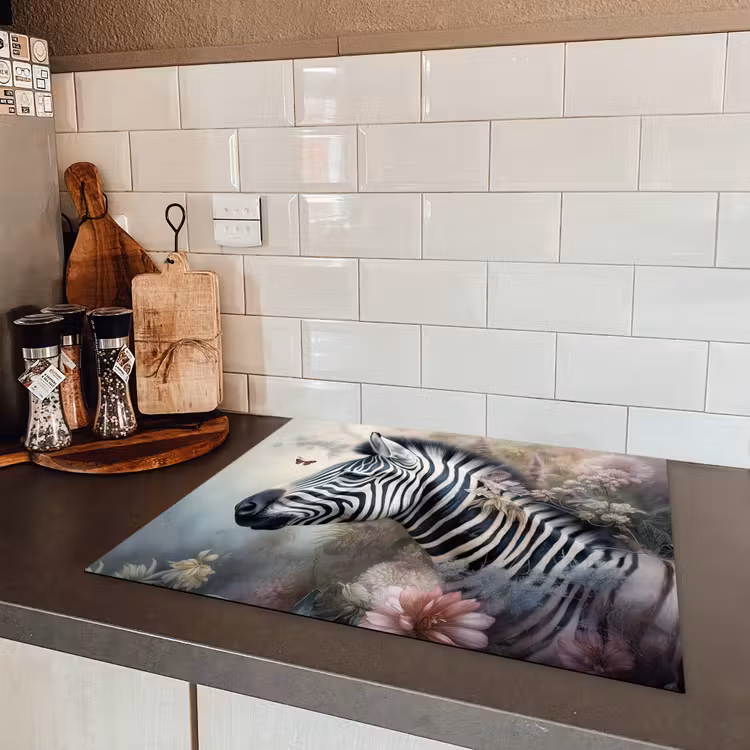 Zebra - Wilde dieren - Vlinder - Bloemen Inductie beschermer vinyl 3mm groot -sfeer3
