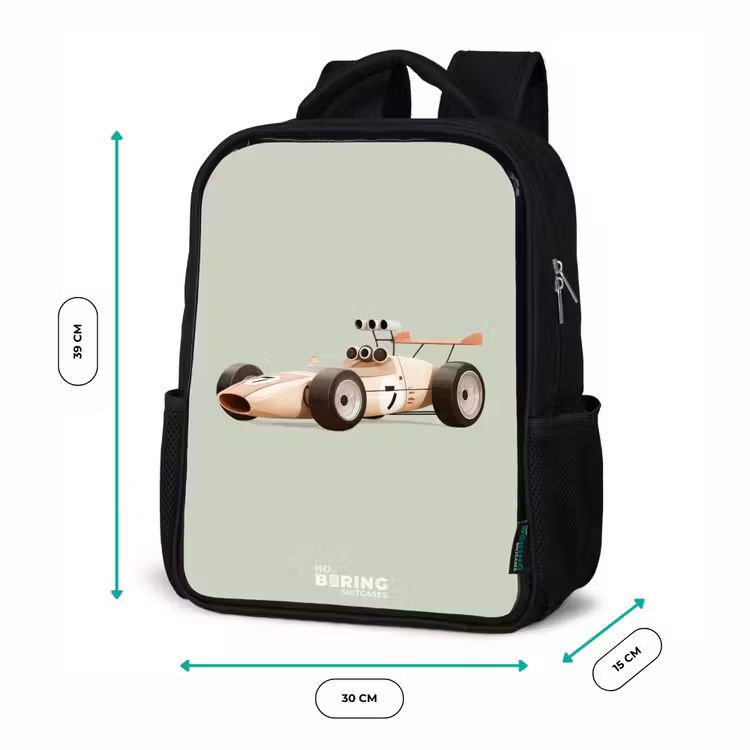 Beige retro raceauto op groen achtergrond Rugzak - Zwart middel -productfoto_formaten