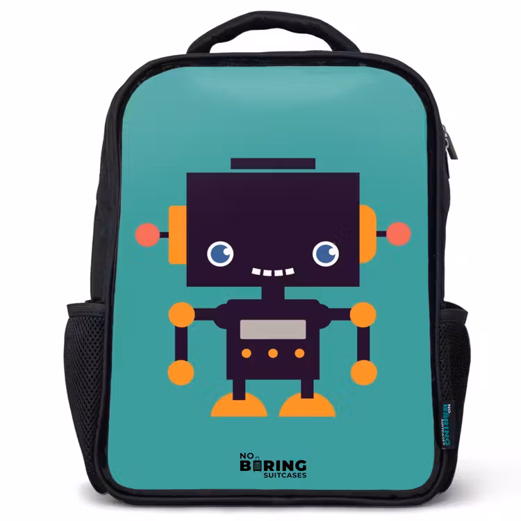 Zwarte robot met oranje accenten op een blauwe achtergrond Rugzak - Zwart middel -3d