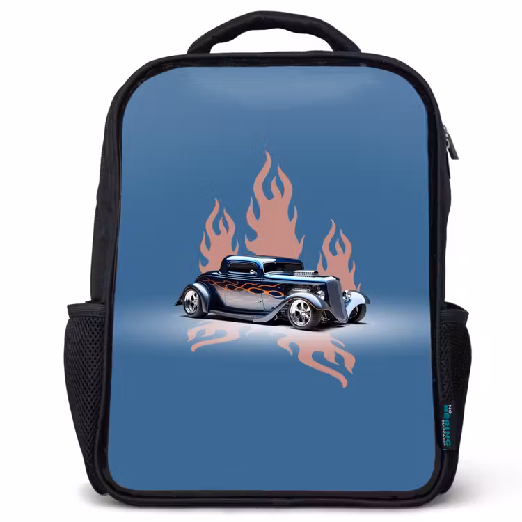Blauwe auto met roze vlammen Rugzak - Zwart middel -3d