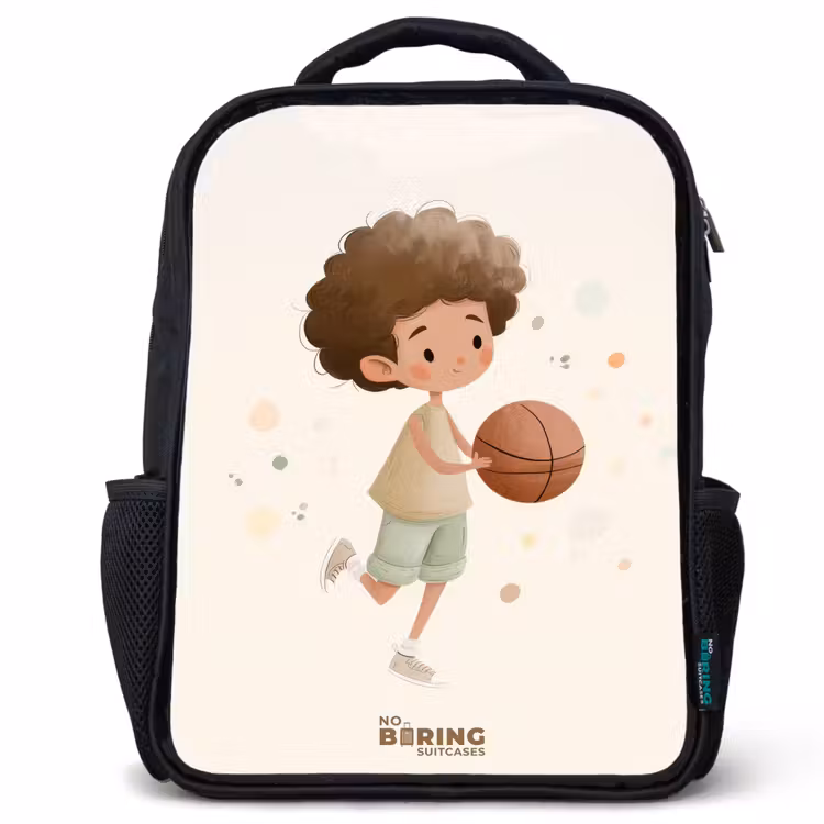 Jongen met een basketbal in beige kleuren Rugzak - Zwart middel -3d