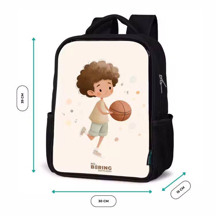 Jongen met een basketbal in beige kleuren Rugzak - Zwart middel -productfoto_formaten