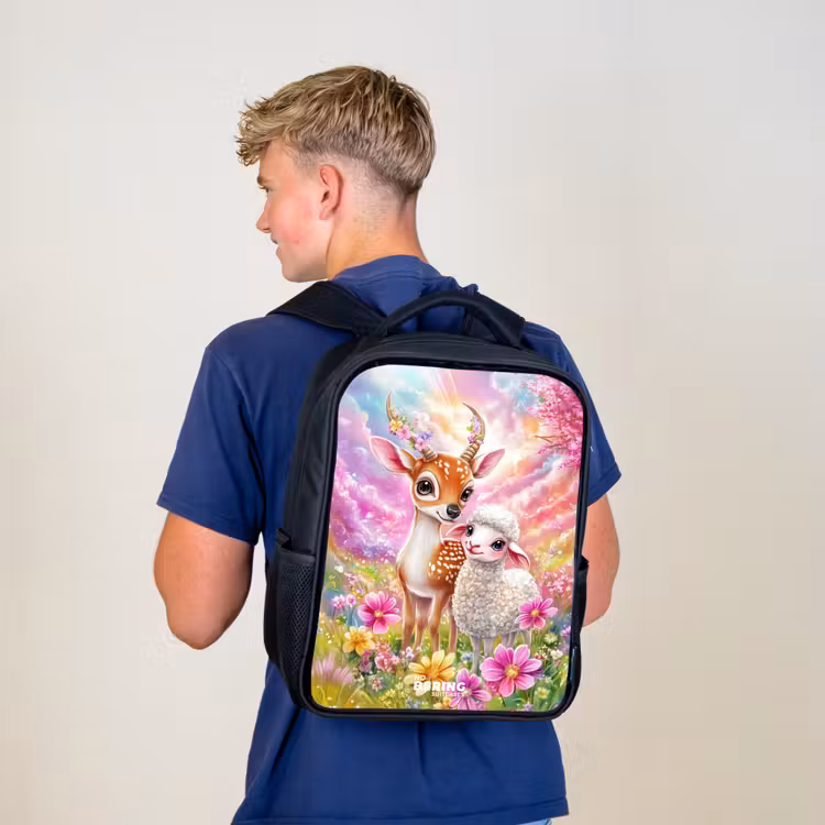 Hertje met een lammetje in pastelbloemenveld Rugzak - Zwart middel -sfeer8
