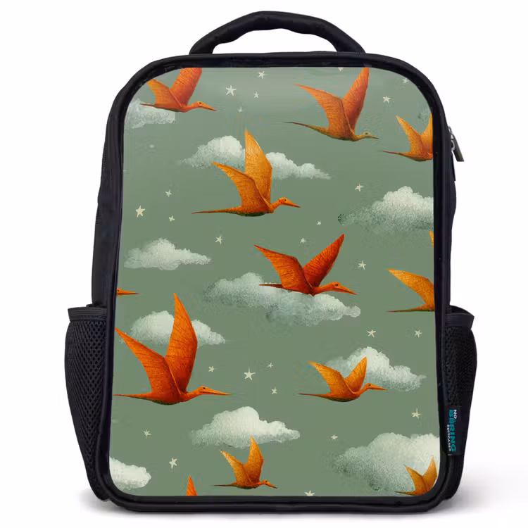 Dinosaurussen - Wolken - Sterren - Oranje Rugzak - Zwart middel -3d