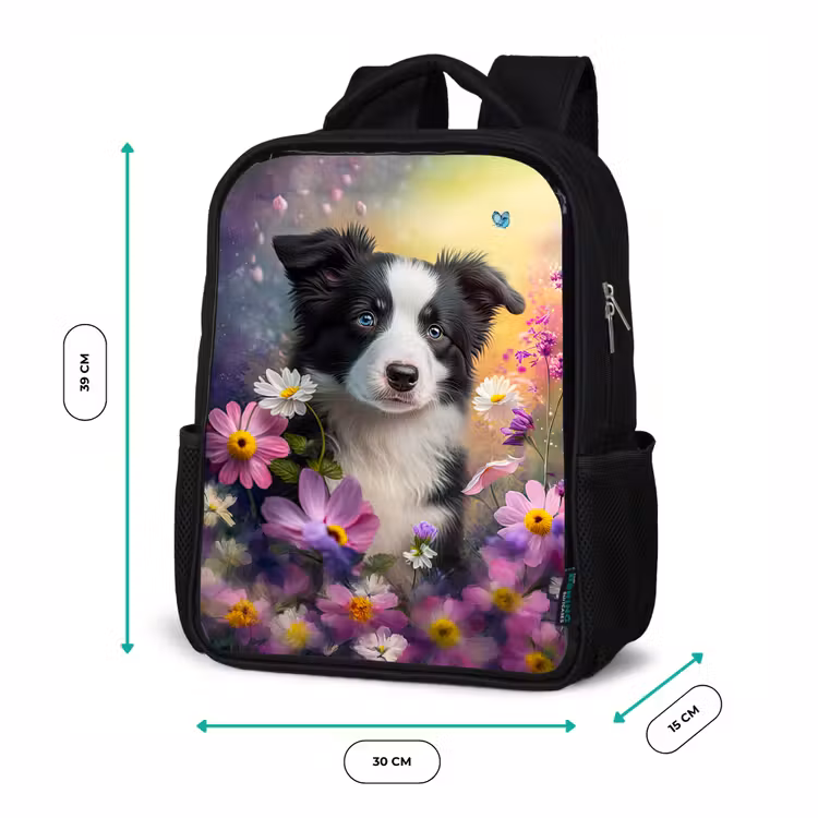 Hond - Bloemen - Natuur - Puppy - Bordercollie Rugzak - Zwart middel -productfoto_formaten