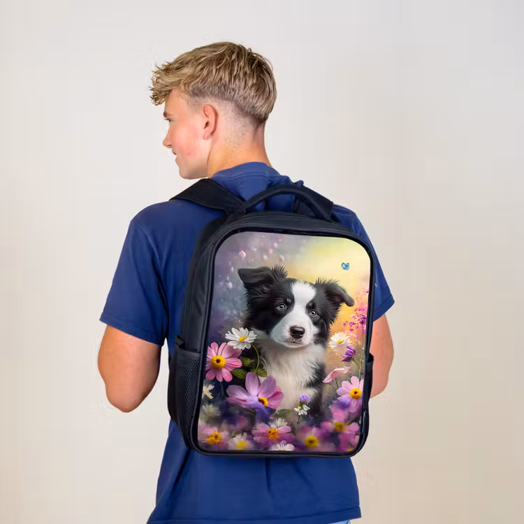 Hond - Bloemen - Natuur - Puppy - Bordercollie Rugzak - Zwart middel -sfeer8