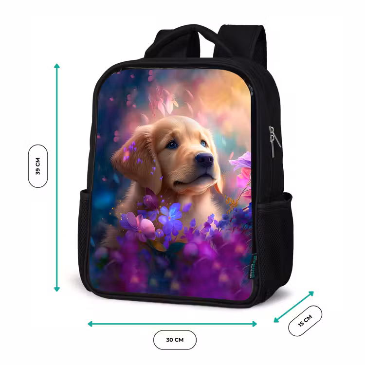 Hond - Puppy - Zon - Bloemen - Golden retriever Rugzak - Zwart middel -productfoto_formaten