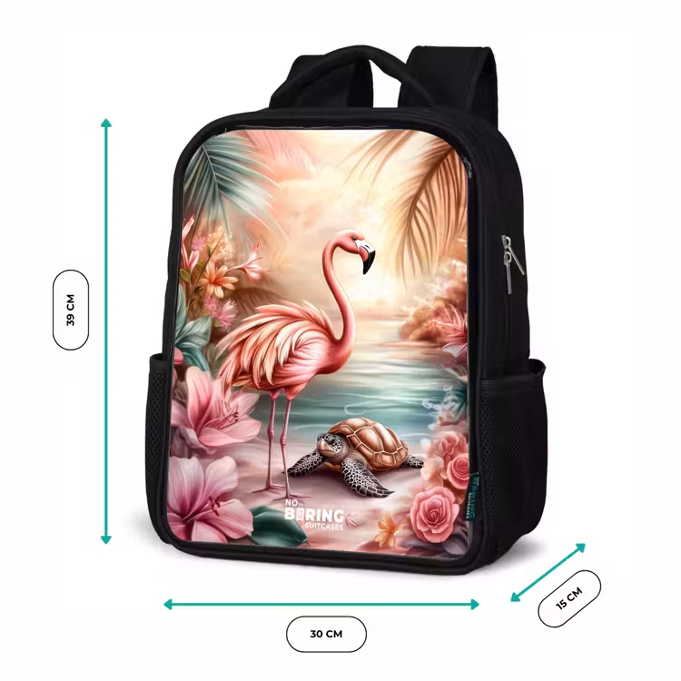 Flamingo en schildpad op een roze strand. Rugzak - Zwart middel -productfoto_formaten