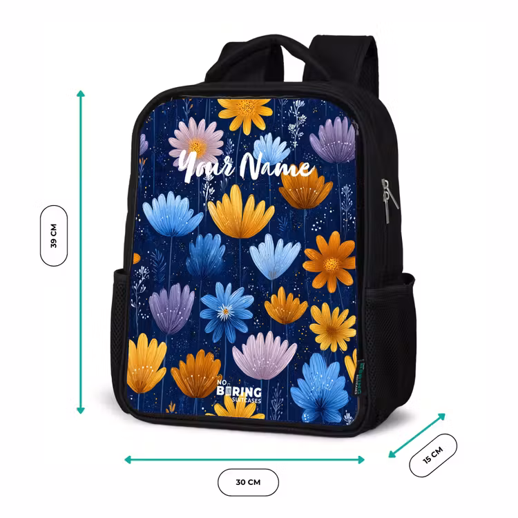 Bloemen op een donkerblauwe achtergrond Rugzak - Zwart middel -productfoto_formaten