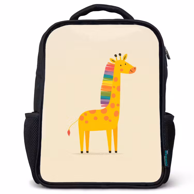 Giraffe - Regenboogmanen - Beige Rugzak - Zwart middel -3d