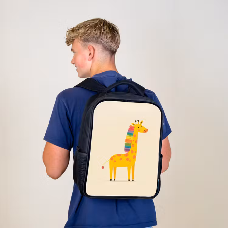 Giraffe - Regenboogmanen - Beige Rugzak - Zwart middel -sfeer8