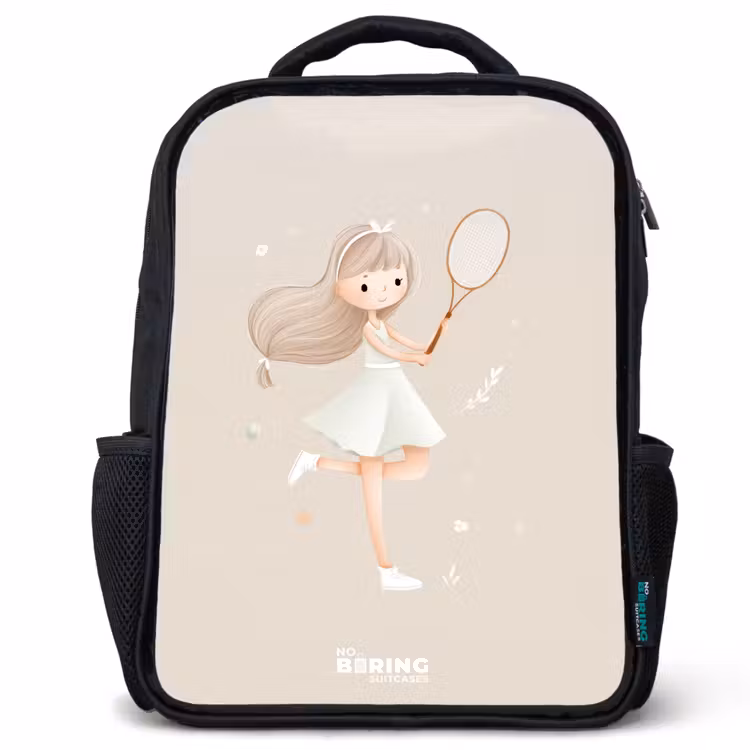 Meisje speelt tennis in beige kleuren Rugzak - Zwart middel -3d
