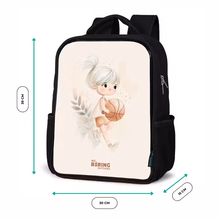 Meisje met een basketbal in neutrale kleuren. Rugzak - Zwart middel -productfoto_formaten