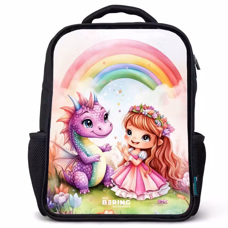 Meisje met paarse draak onder regenboog Rugzak - Zwart middel -3d