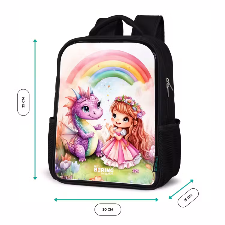 Meisje met paarse draak onder regenboog Rugzak - Zwart middel -productfoto_formaten