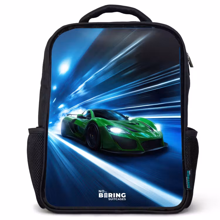 Groene supercar flitst door neonlicht Rugzak - Zwart middel -3d