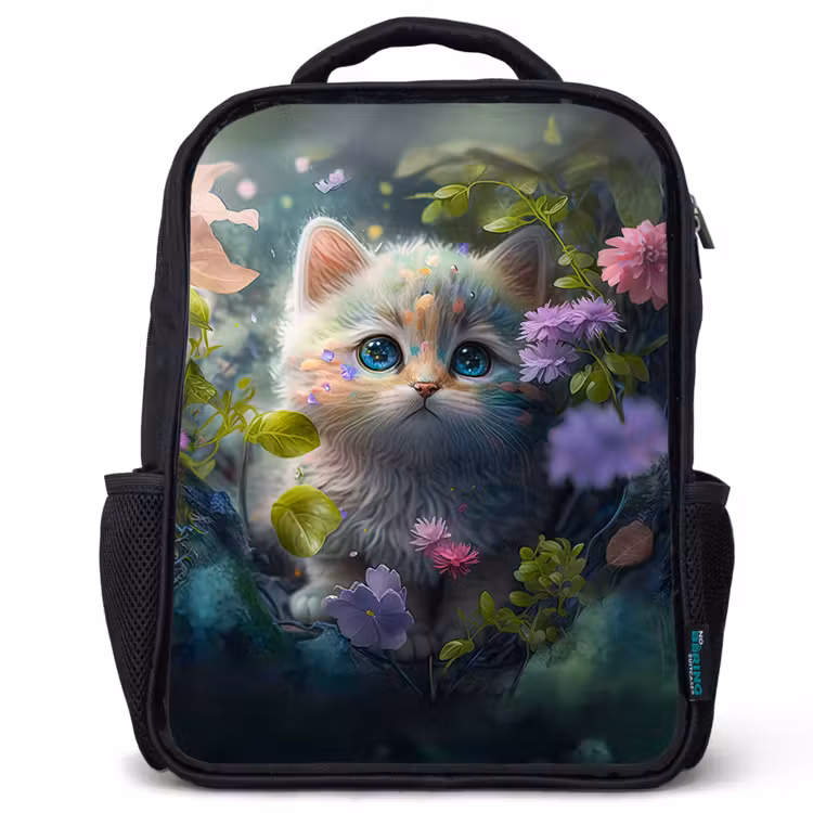 Kitten - Bloemen - Bos - Illustratie - Poes Rugzak - Zwart middel -3d