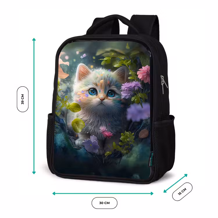 Kitten - Bloemen - Bos - Illustratie - Poes Rugzak - Zwart middel -productfoto_formaten