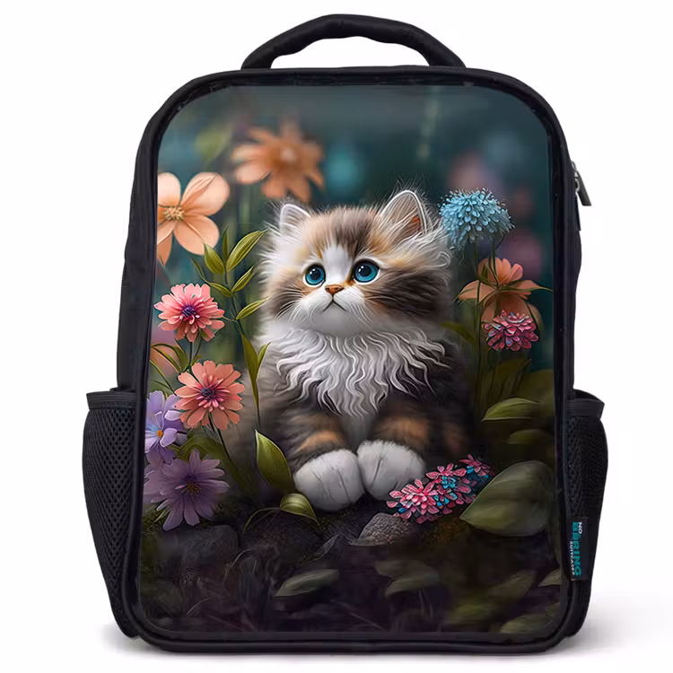 Kitten - Illustratie - Bloemen - Natuur - Kat Rugzak - Zwart middel -3d