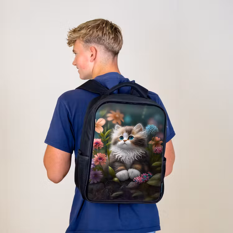 Kitten - Illustratie - Bloemen - Natuur - Kat Rugzak - Zwart middel -sfeer8