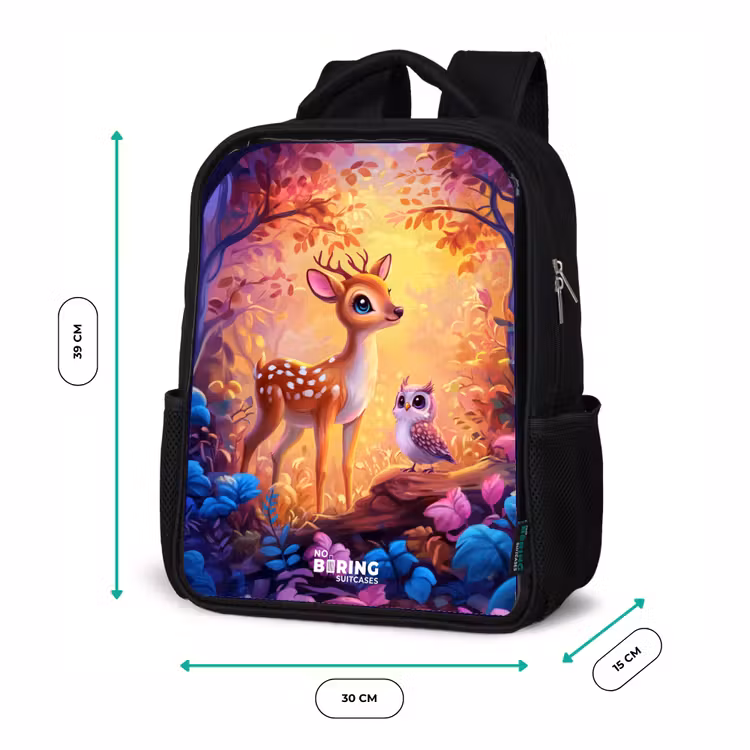 Hertje en uil in een roze sprookjesbos Rugzak - Zwart middel -productfoto_formaten