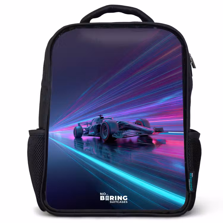 Neon - Raceauto - Lichtstrepen - Paars Rugzak - Zwart middel -3d
