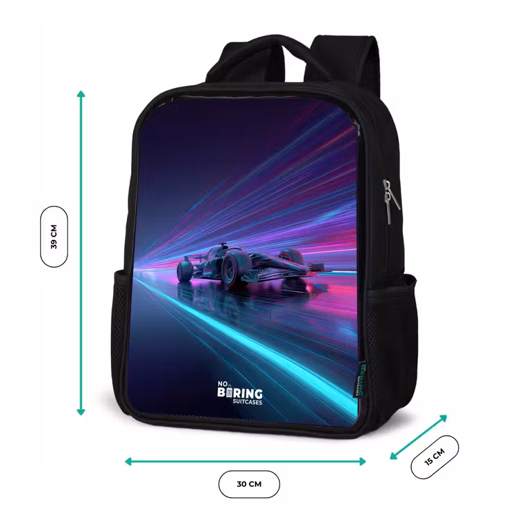 Neon - Raceauto - Lichtstrepen - Paars Rugzak - Zwart middel -productfoto_formaten