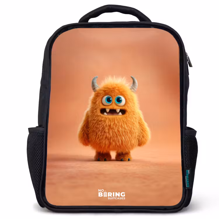 Oranje Pluizig Monster met Hoorns Rugzak - Zwart middel -3d