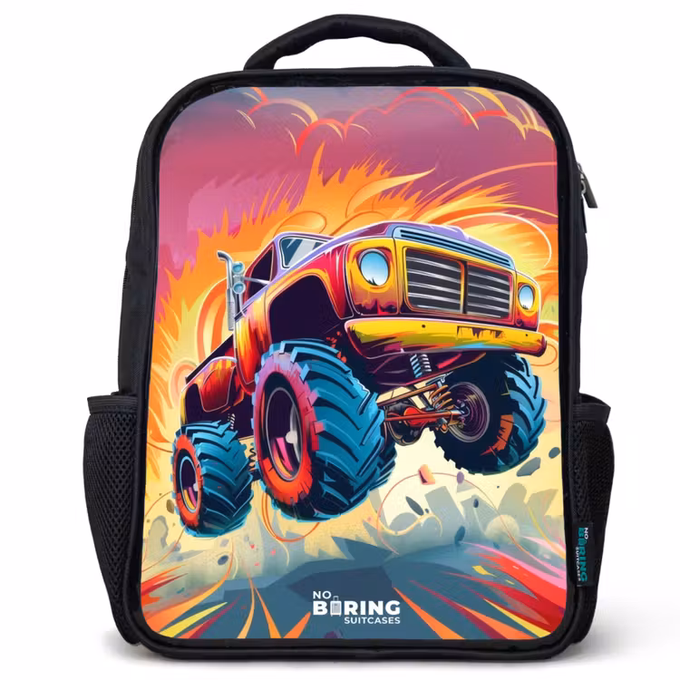 Roze Monstertruck Vliegt over het Asfalt Rugzak - Zwart middel -3d