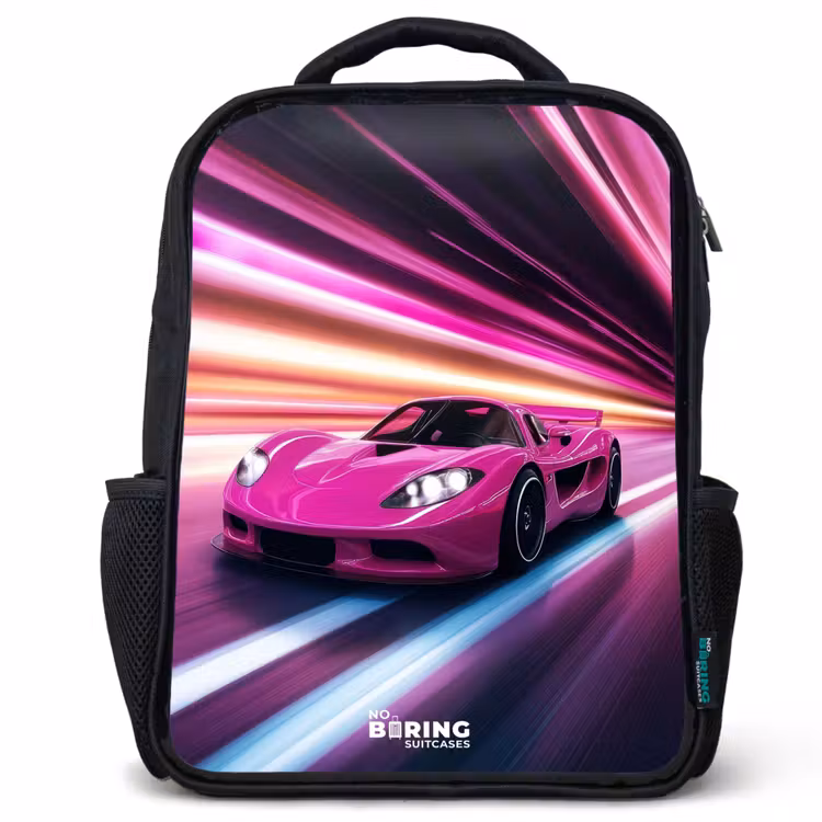 Roze raceauto flitst door neonlicht Rugzak - Zwart middel -3d