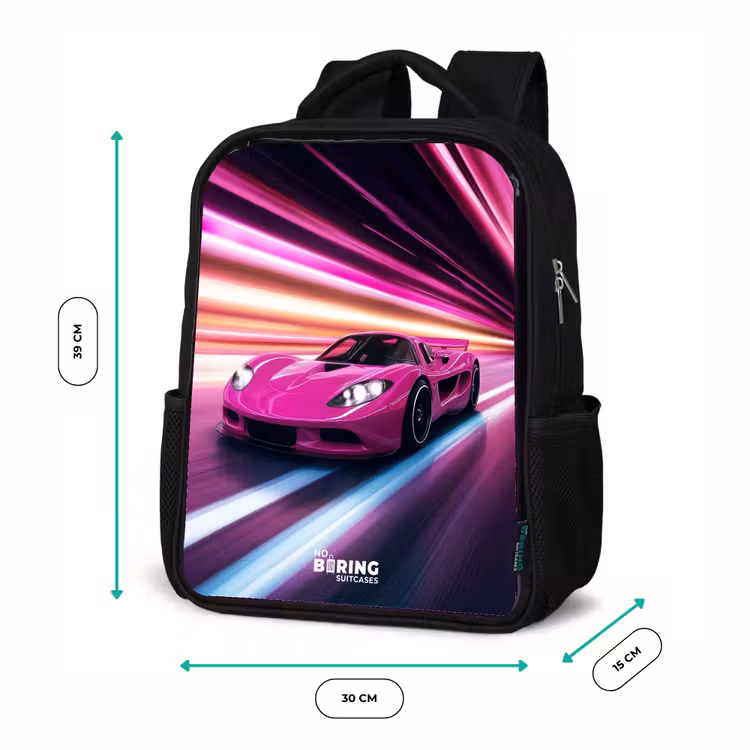 Roze raceauto flitst door neonlicht Rugzak - Zwart middel -productfoto_formaten