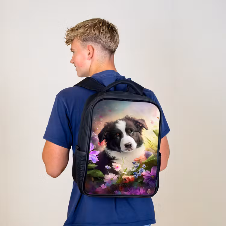 Puppy - Zon - Bloemen - Natuur - Bordercollie - Hond Rugzak - Zwart middel -sfeer8