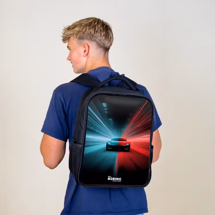 Sportwagen - Lichtstralen - Neon - Blauw Rugzak - Zwart middel -sfeer8