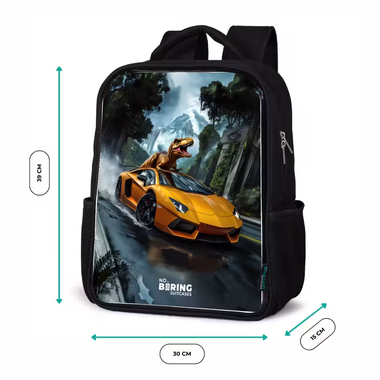 T-Rex op oranje sportauto in regenachtig woud Rugzak - Zwart middel -productfoto_formaten