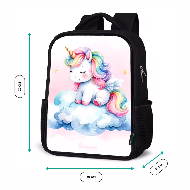 eenhoorn met regenboogmanen op een wolk Rugzak - Zwart middel -productfoto_formaten