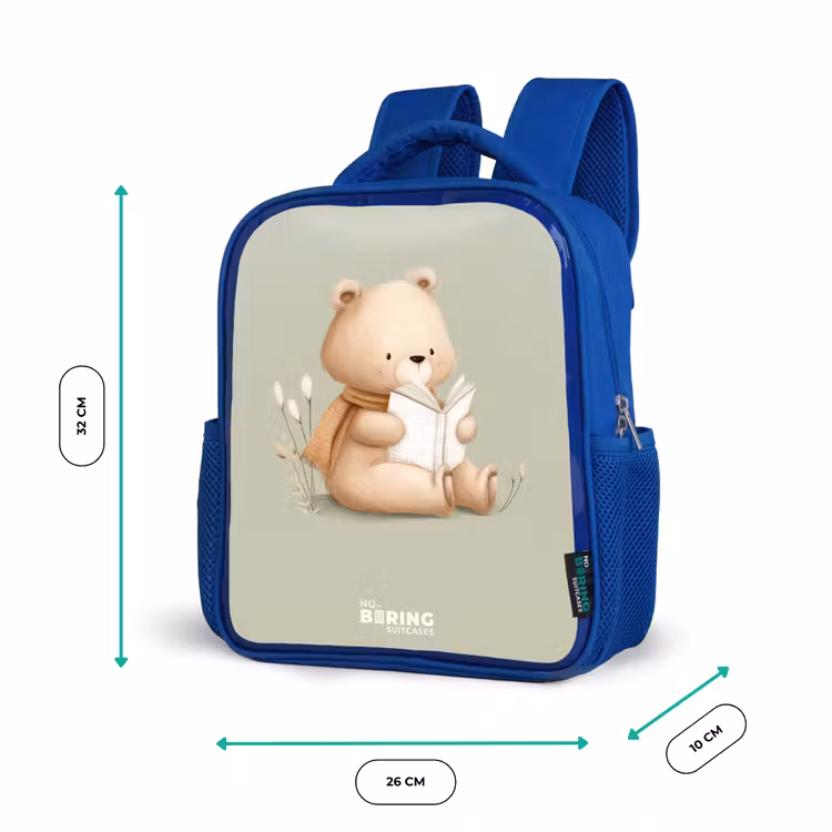 Een bruine beer met een boek - Groen Kinderrugzak - Blauw middel -productfoto_formaten