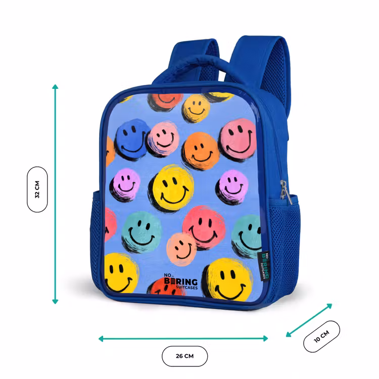 Een speels en kunstzinnig patroon van kleurrijke smileys Kinderrugzak - Blauw middel -productfoto_formaten