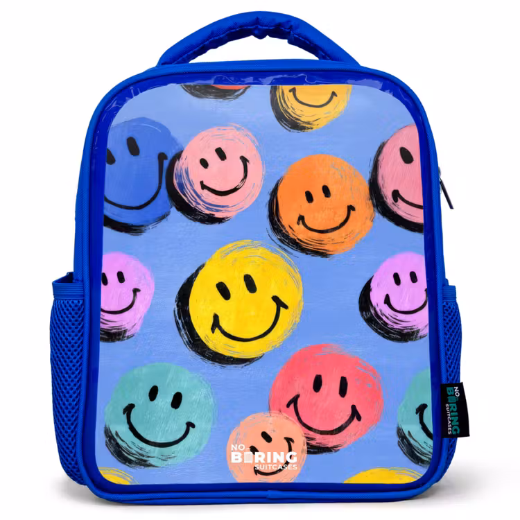 Een speels en kunstzinnig patroon van kleurrijke smileys Kinderrugzak - Blauw middel -3d