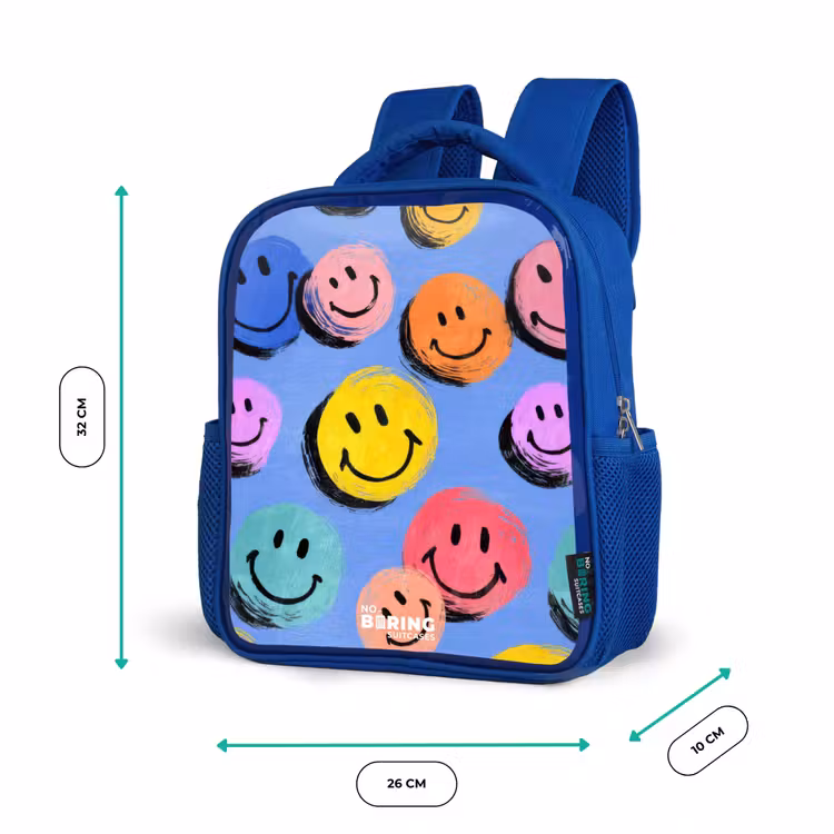 Een speels en kunstzinnig patroon van kleurrijke smileys Kinderrugzak - Blauw middel -productfoto_formaten