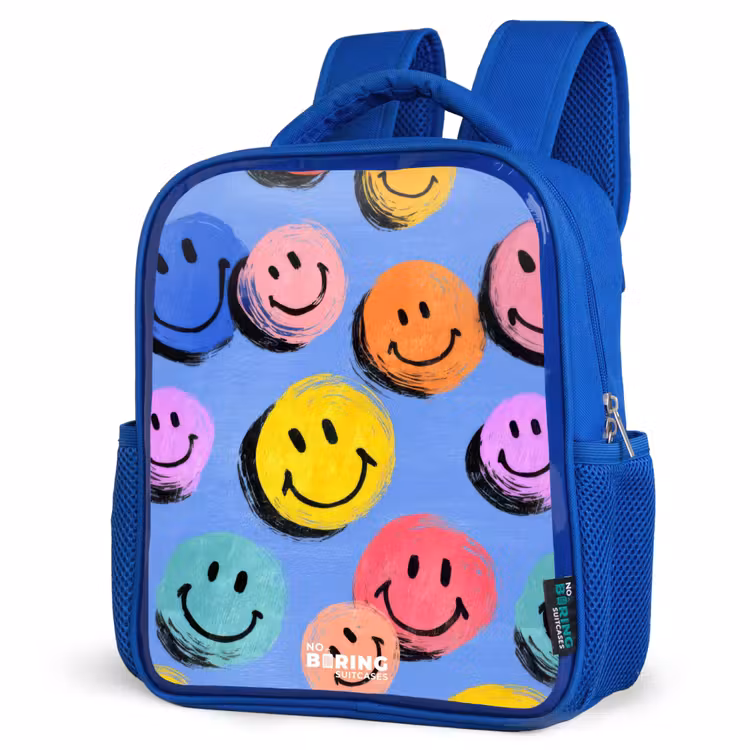 Een speels en kunstzinnig patroon van kleurrijke smileys Kinderrugzak - Blauw middel -schuin